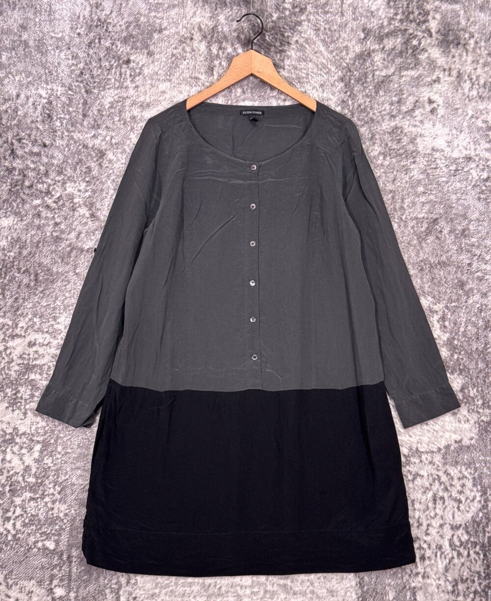 Eileen Fisher Dress Medium Womens Silk Gray & Black Color Block Button